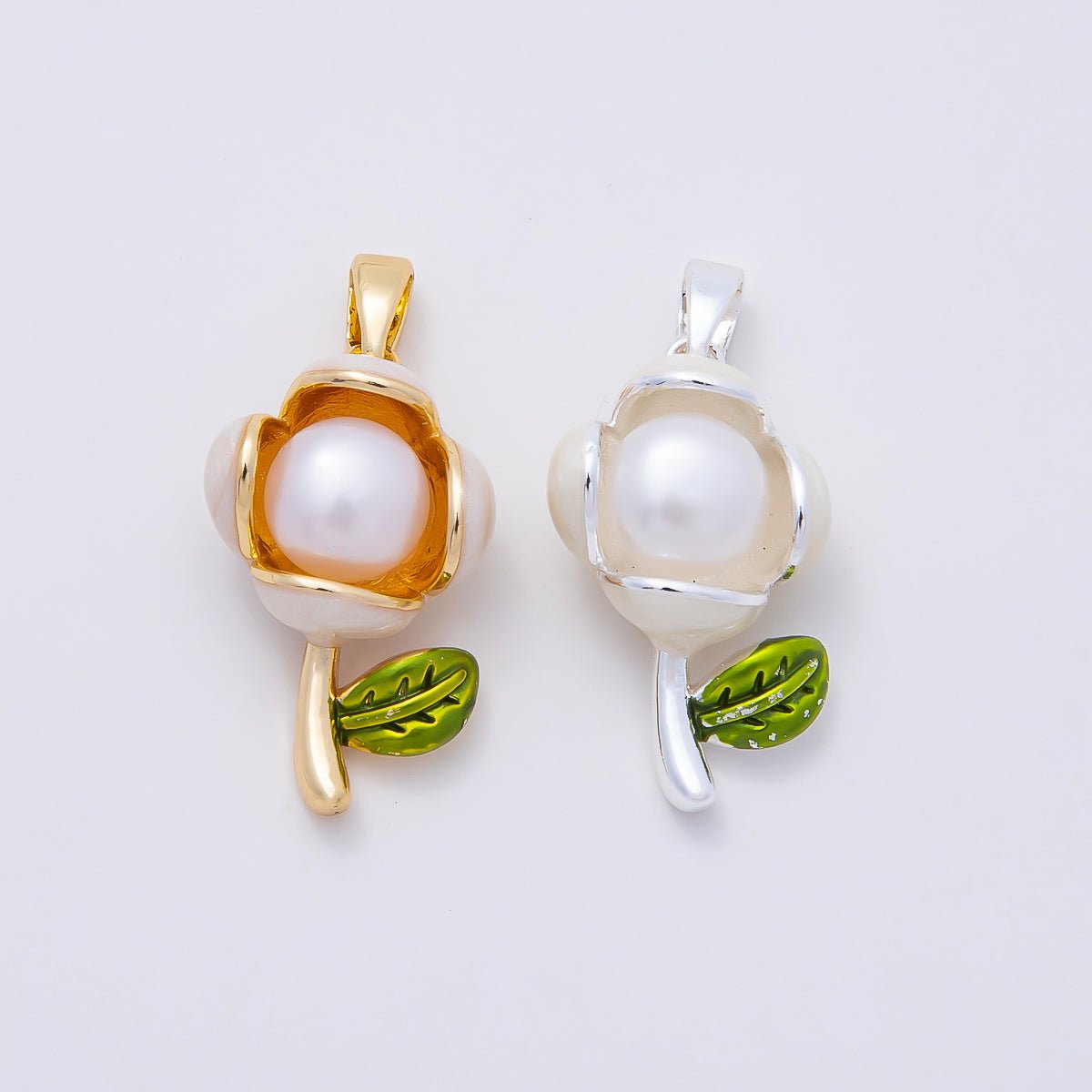 16K Gold Filled 21mm Shell Pearl Enamel Flower Pendant in Gold & Silver | Charms-00977 Charms-00978