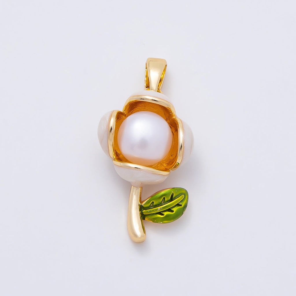 16K Gold Filled 21mm Shell Pearl Enamel Flower Pendant in Gold & Silver | Charms-00977 Charms-00978