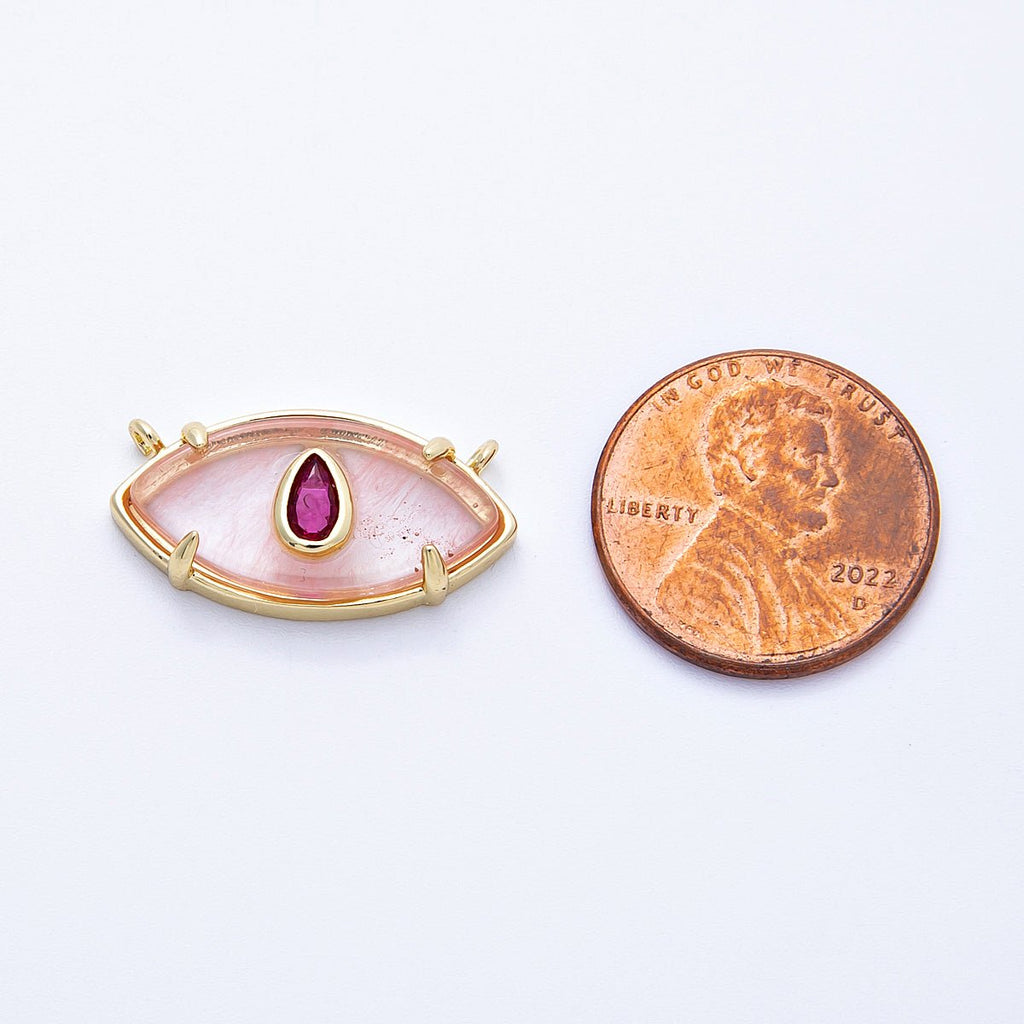 16K Gold Filled 22.5mm Aquamarine, Pink Quartz Fuchsia CZ Evil Eye Connector | Connectors-00009 Connectors-00010