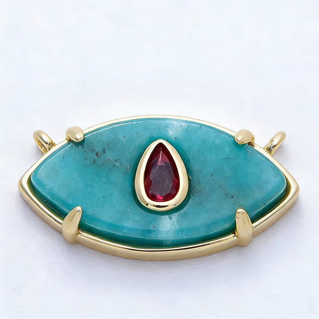 16K Gold Filled 22.5mm Aquamarine, Pink Quartz Fuchsia CZ Evil Eye Connector | Connectors-00009 Connectors-00010
