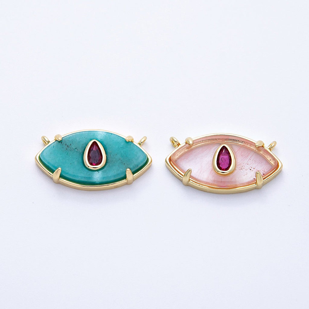 16K Gold Filled 22.5mm Aquamarine, Pink Quartz Fuchsia CZ Evil Eye Connector | Connectors-00009 Connectors-00010