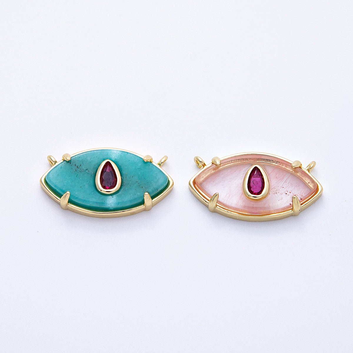 16K Gold Filled 22.5mm Aquamarine, Pink Quartz Fuchsia CZ Evil Eye Connector | Connectors-00009 Connectors-00010