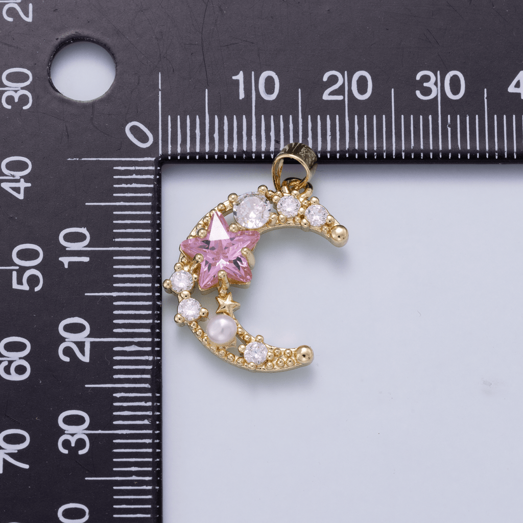 16K Gold Filled 22.5mm Pink Clear CZ Cluster Star Crescent Moon Pendant | Charms-01250