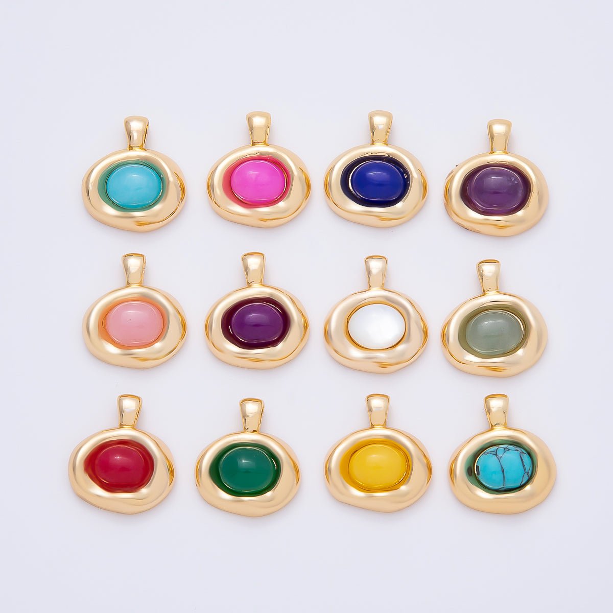 16K Gold Filled 22mm Birthstone Cabochon Gemstone Oval Molten Bezel Pendant | Charms-00867 ~ Charms-00873