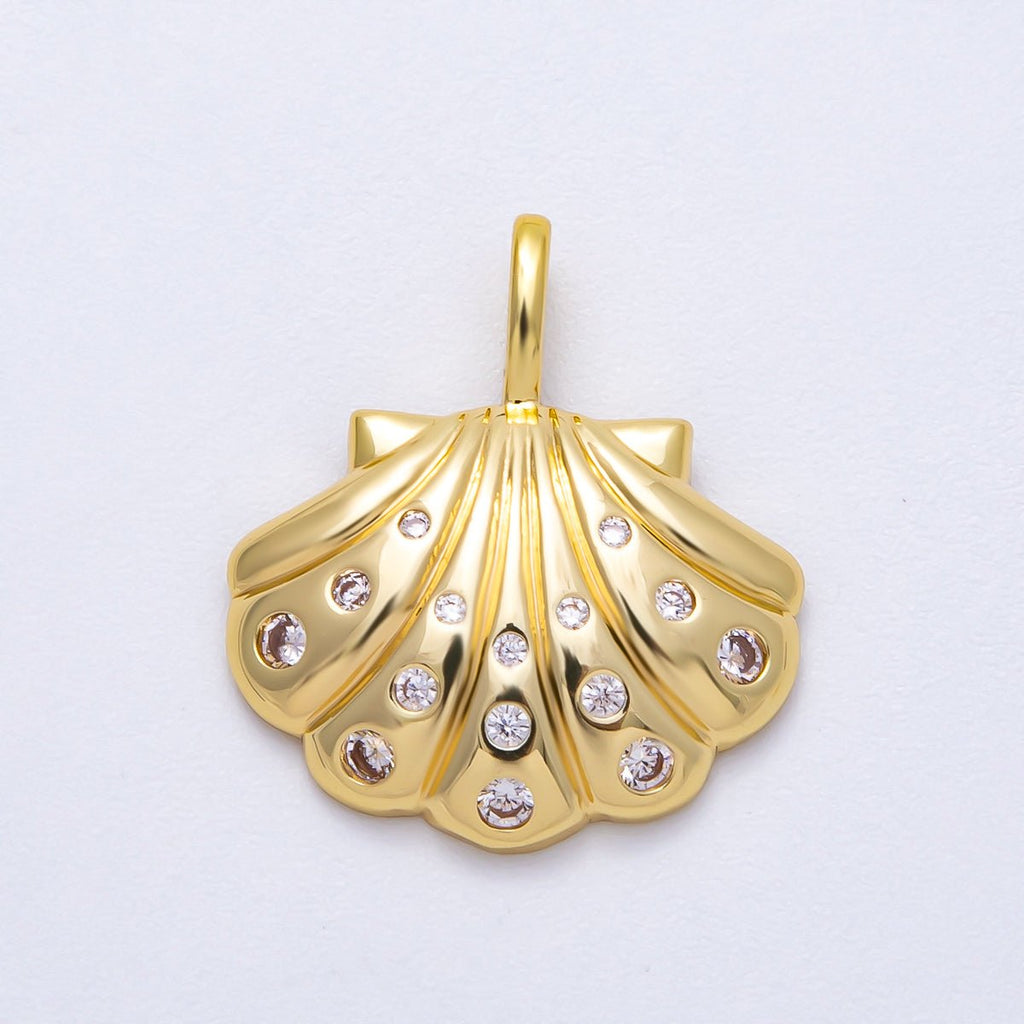 16K Gold Filled 22mm Clear CZ Dotted Clam Shell Pendant | Charms-00575