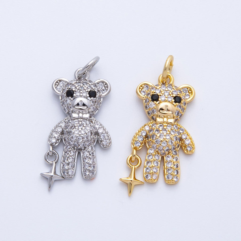 16K Gold Filled 22mm Micro Paved CZ Teddy Bear Charm in Gold & Silver | Charms-00256 Charms-00257