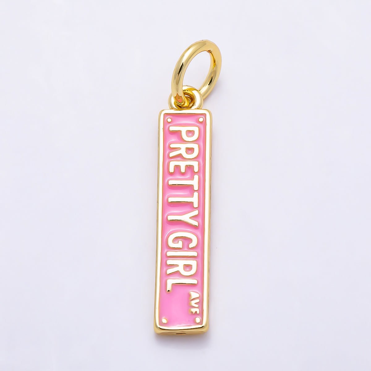 16K Gold Filled 22mm "Pretty Girl Ave" Pink Enamel Street Sign Charm | Charms-01505