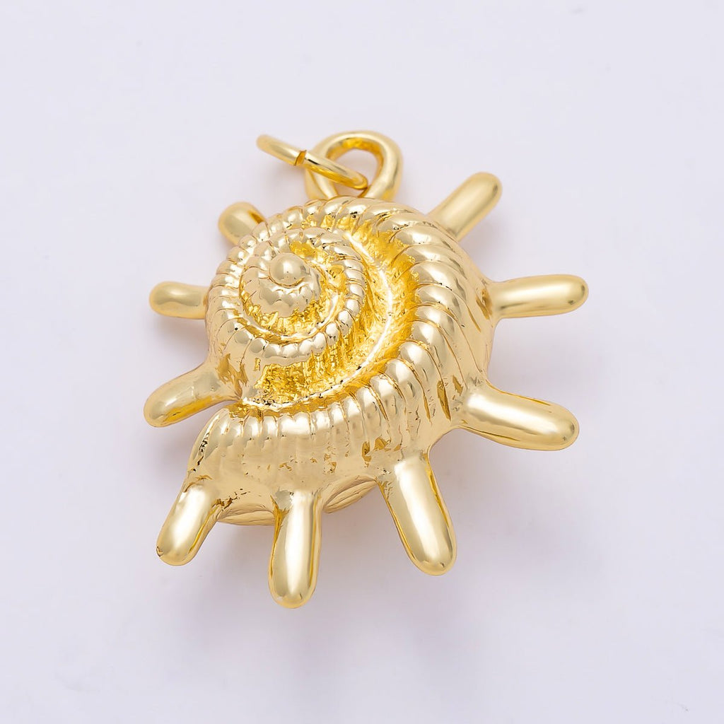 16K Gold Filled 22mm Ribbed Nautilus Seashell Sun Ray 3D Multidimensional Charm | Charms-01455