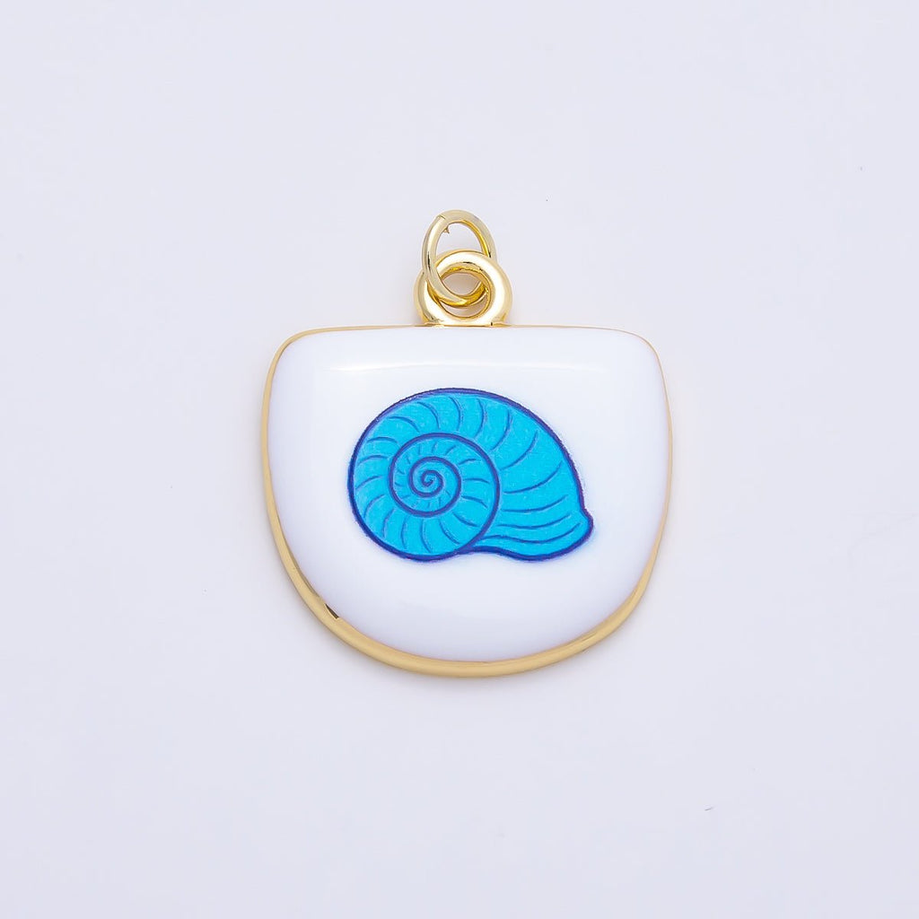 16K Gold Filled 22mm Sea Shell, Scallop, Starfish Blue White Enamel Charm | Charms-01244 ~ Charms-01246