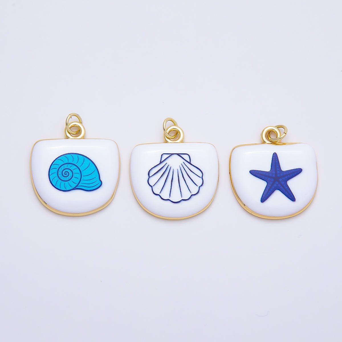 16K Gold Filled 22mm Sea Shell, Scallop, Starfish Blue White Enamel Charm | Charms-01244 ~ Charms-01246