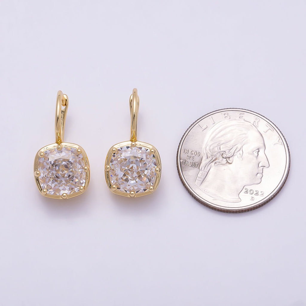 16K Gold Filled 23mm Clear CZ Prong Rounded Square Drop Hoop | Earrings-00411