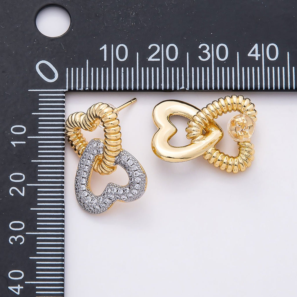 16K Gold Filled 23mm Micro Paved CZ Ribbed Heart Interlock Drop Stud Earrings | Earrings-00364