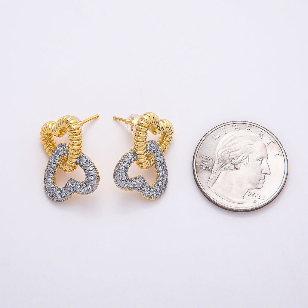 16K Gold Filled 23mm Micro Paved CZ Ribbed Heart Interlock Drop Stud Earrings | Earrings-00364