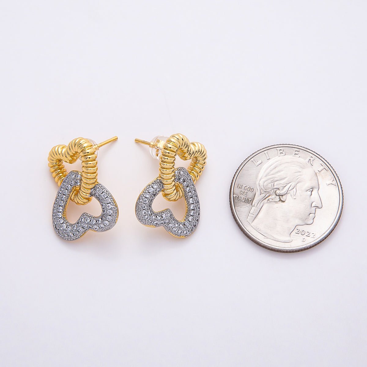 16K Gold Filled 23mm Micro Paved CZ Ribbed Heart Interlock Drop Stud Earrings | Earrings-00364