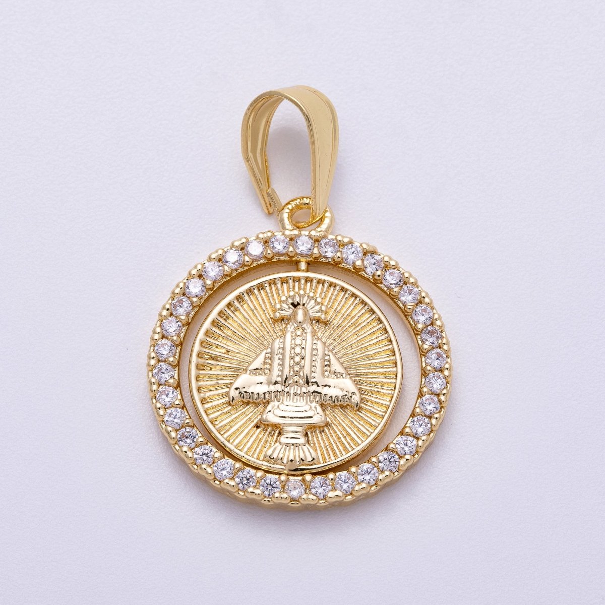 16K Gold Filled 23mm Mother Mary Micro Paved CZ Ribbed Religious Medallion Pendant | Charms-00562