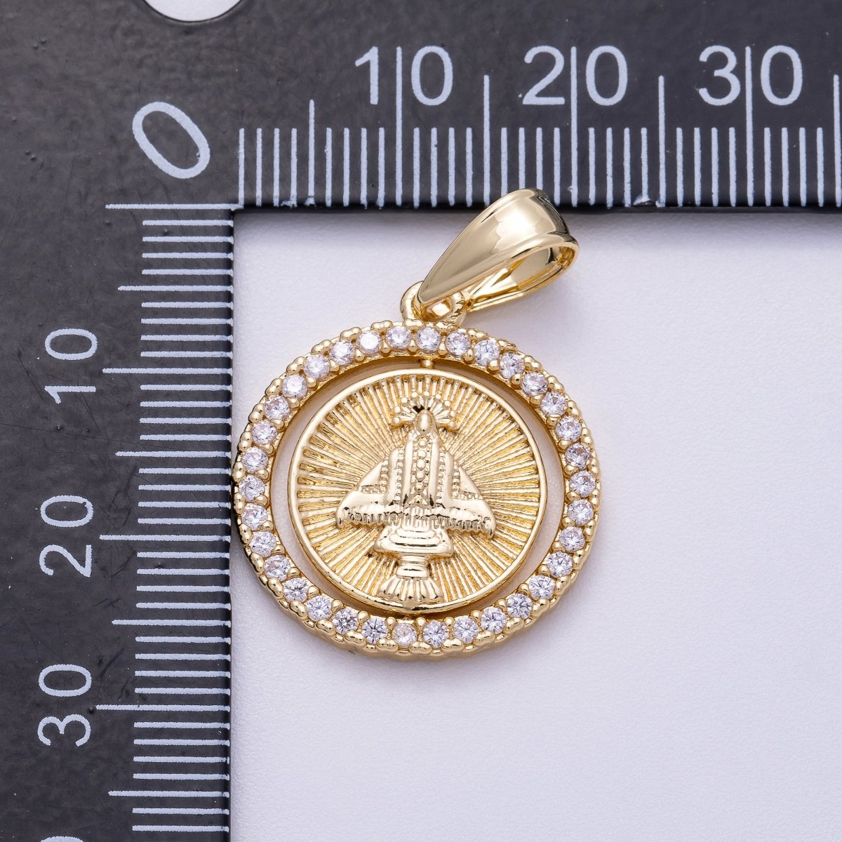 16K Gold Filled 23mm Mother Mary Micro Paved CZ Ribbed Religious Medallion Pendant | Charms-00562