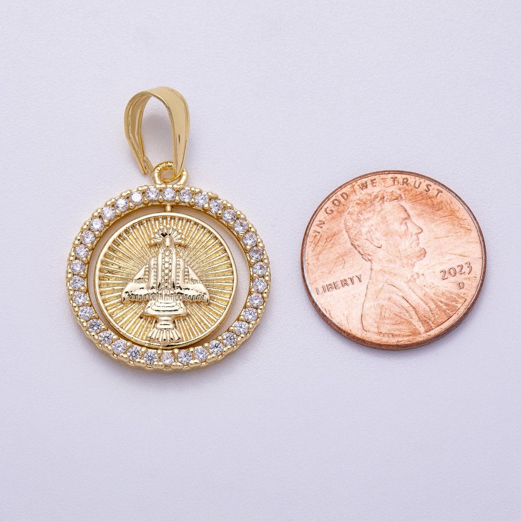 16K Gold Filled 23mm Mother Mary Micro Paved CZ Ribbed Religious Medallion Pendant | Charms-00562