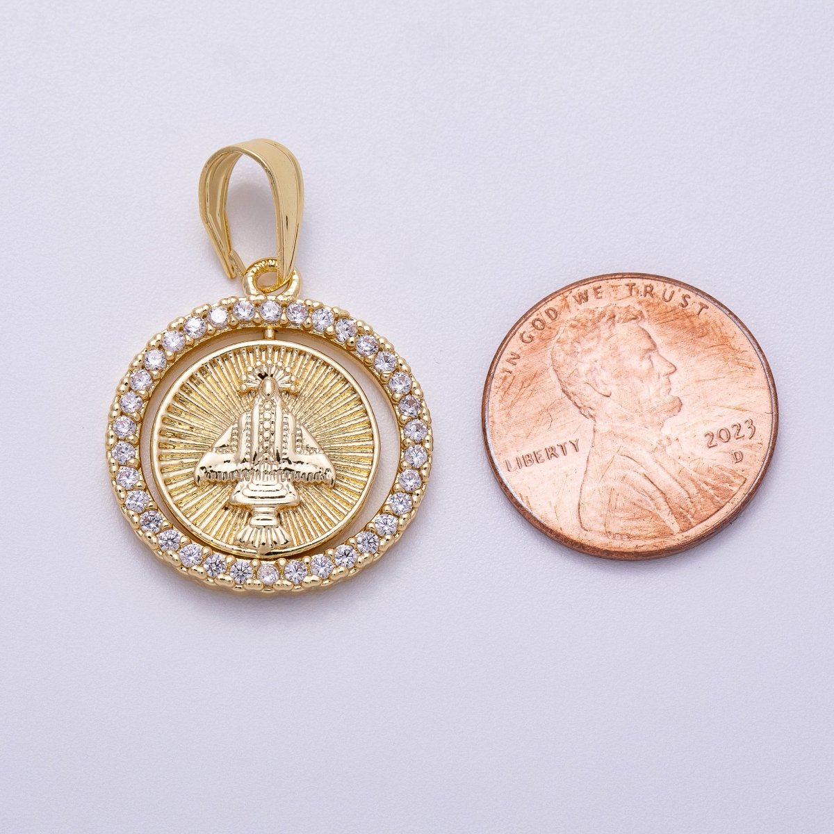16K Gold Filled 23mm Mother Mary Micro Paved CZ Ribbed Religious Medallion Pendant | Charms-00562