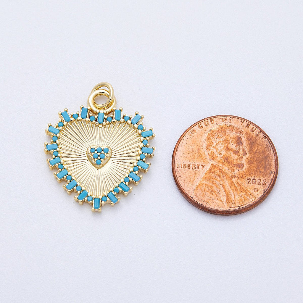16K Gold Filled 23mm Turquoise Paved Baguette Sunburst Heart Charm | Charms-00127