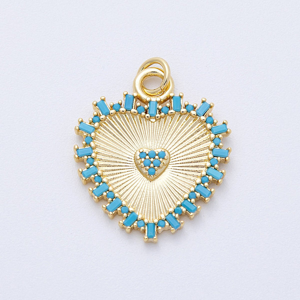 16K Gold Filled 23mm Turquoise Paved Baguette Sunburst Heart Charm | Charms-00127