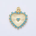 16K Gold Filled 23mm Turquoise Paved Baguette Sunburst Heart Charm | Charms-00127