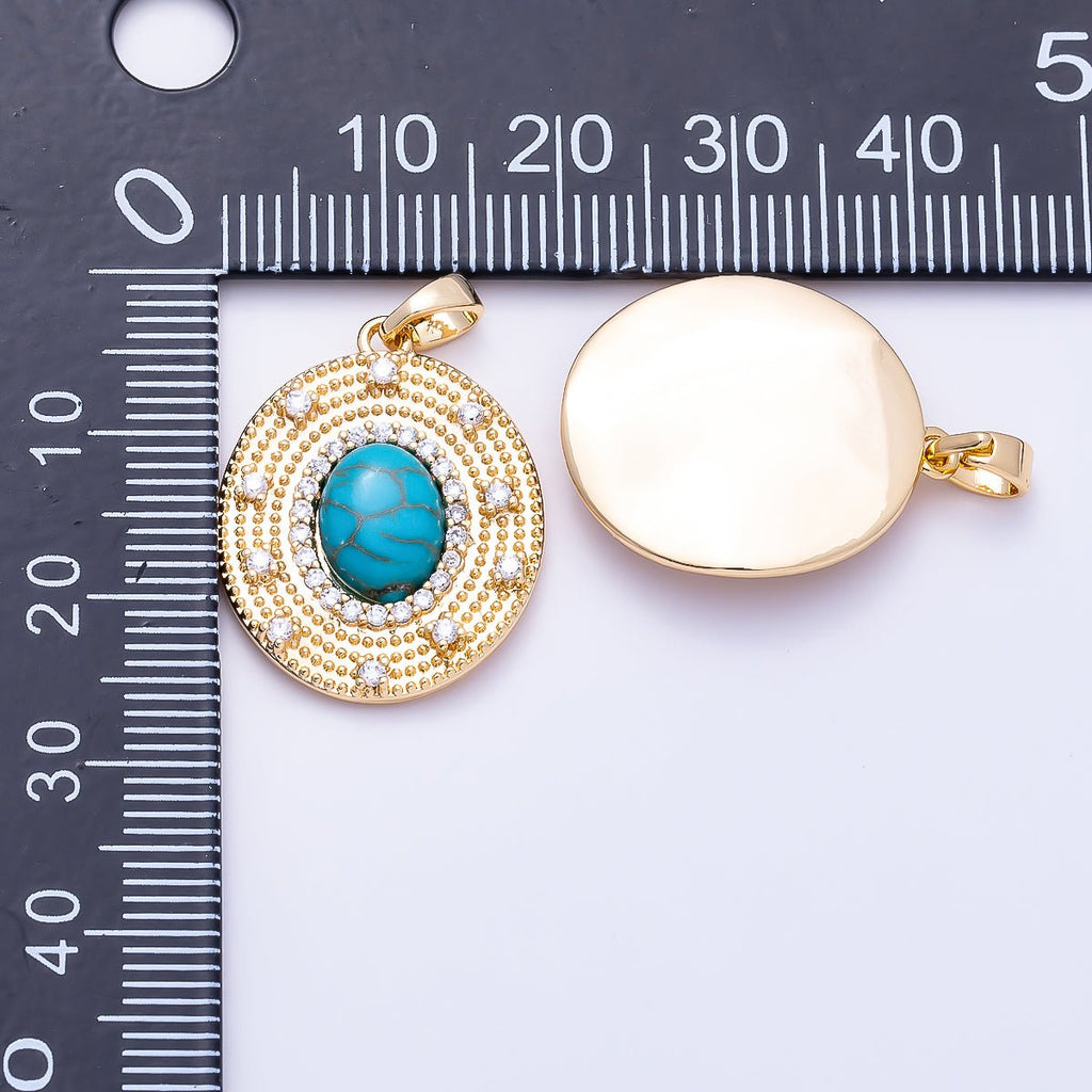 16K Gold Filled 23mm Turquoise, Tiger Eye Cabochon Micro Paved CZ Dotted Oval Pendant | Charms-01495 Charms-01496