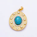 16K Gold Filled 23mm Turquoise, Tiger Eye Cabochon Micro Paved CZ Dotted Oval Pendant | Charms-01495 Charms-01496