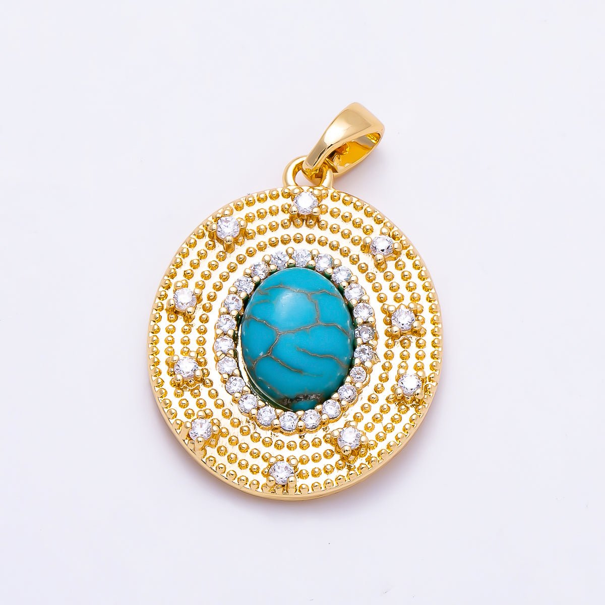 16K Gold Filled 23mm Turquoise, Tiger Eye Cabochon Micro Paved CZ Dotted Oval Pendant | Charms-01495 Charms-01496