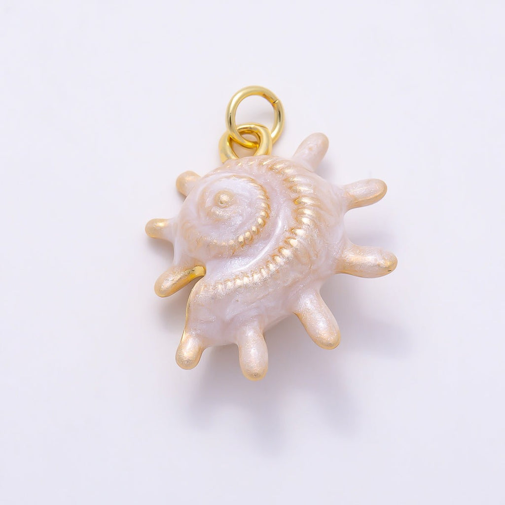 16K Gold Filled 23mm White, Blue Enamel Natural Conch Sea Shell 3D Multidimensional Charm | Charms-01506
