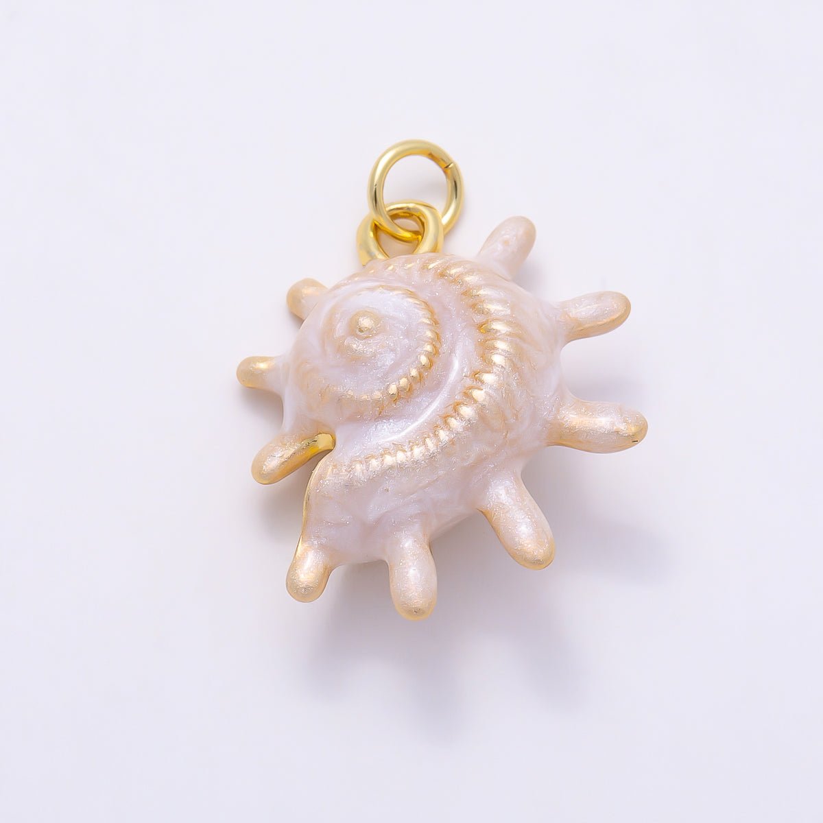 16K Gold Filled 23mm White, Blue Enamel Natural Conch Sea Shell 3D Multidimensional Charm | Charms-01506