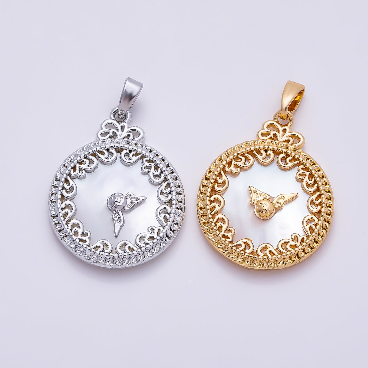16K Gold Filled 24.5mm Mother of Pearl Clock Artisan Bezel Round Pendant in Gold & Silver | Charms-01362 Charms-01363