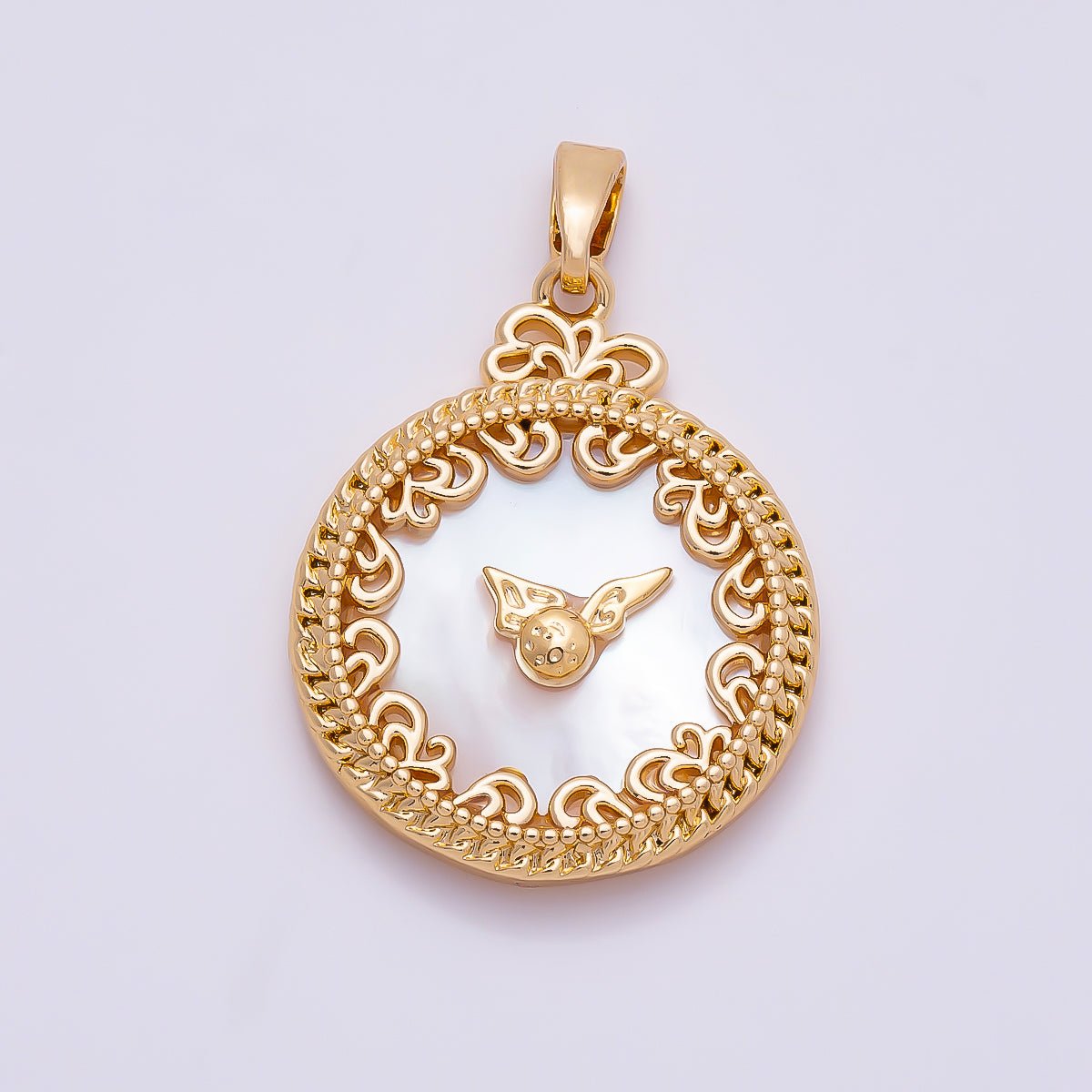 16K Gold Filled 24.5mm Mother of Pearl Clock Artisan Bezel Round Pendant in Gold & Silver | Charms-01362 Charms-01363