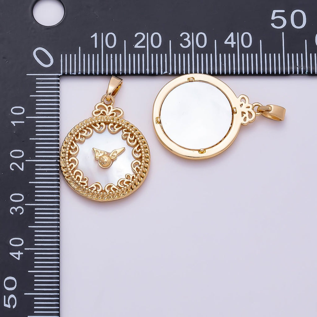 16K Gold Filled 24.5mm Mother of Pearl Clock Artisan Bezel Round Pendant in Gold & Silver | Charms-01362 Charms-01363