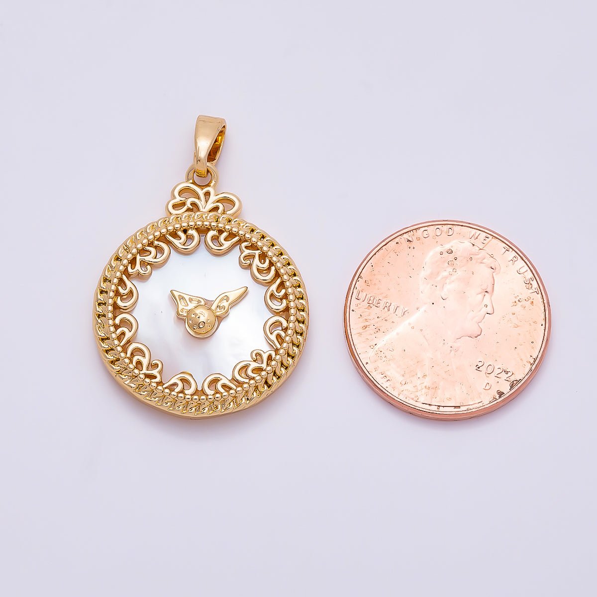 16K Gold Filled 24.5mm Mother of Pearl Clock Artisan Bezel Round Pendant in Gold & Silver | Charms-01362 Charms-01363