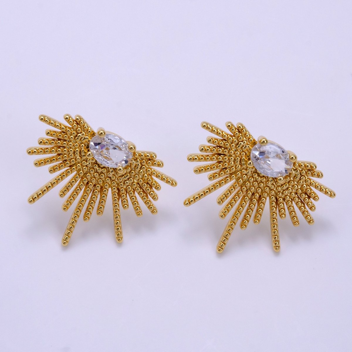 16K Gold Filled 24mm Clear Oval CZ Geometric Sunburst Drop Stud Earrings | Clearance