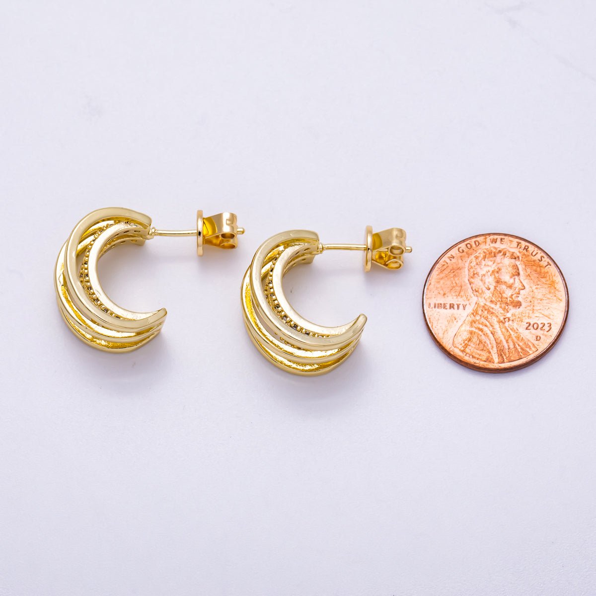 16K Gold Filled 24mm Micro Paved CZ Triple Band C-Shaped Hoop Earrings in Gold & Silver | Earrings-00326 Earrings-00327