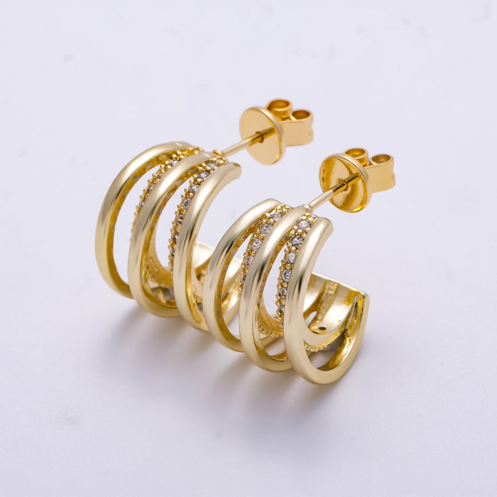 16K Gold Filled 24mm Micro Paved CZ Triple Band C-Shaped Hoop Earrings in Gold & Silver | Earrings-00326 Earrings-00327