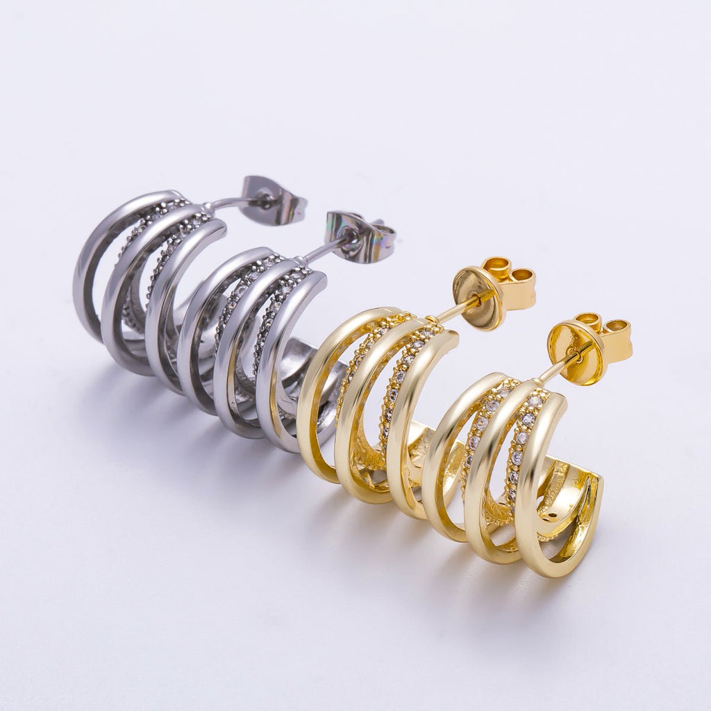 16K Gold Filled 24mm Micro Paved CZ Triple Band C-Shaped Hoop Earrings in Gold & Silver | Earrings-00326 Earrings-00327