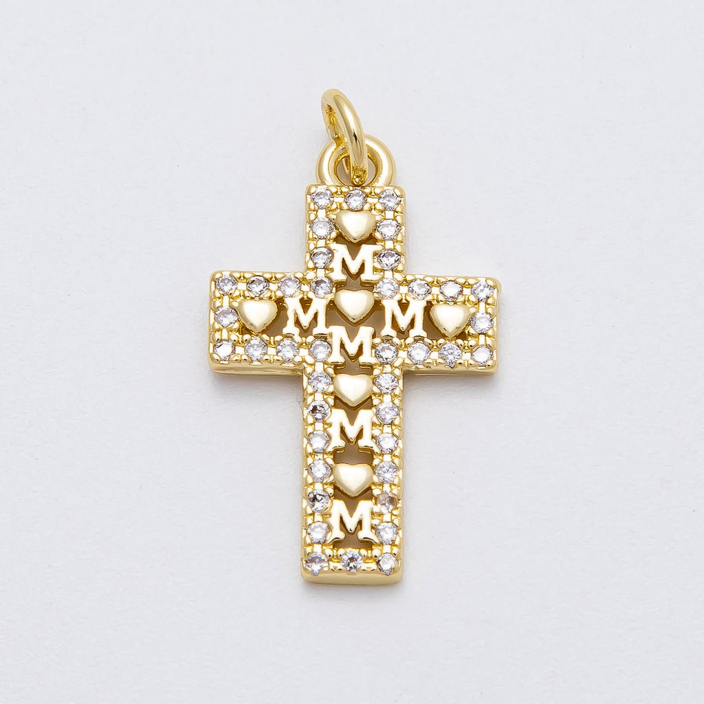16K Gold Filled 24mm Love "MOM" Micro Paved CZ Religious Cross Charm | Charms-00461