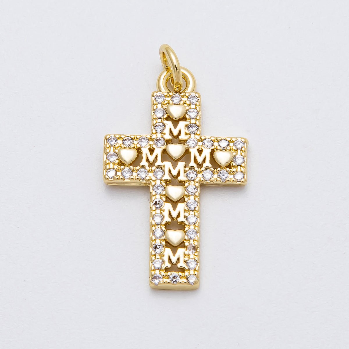 16K Gold Filled 24mm Love "MOM" Micro Paved CZ Religious Cross Charm | Charms-00461