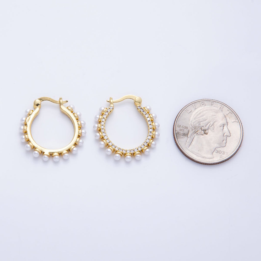 16K Gold Filled 24mm Shell Pearl Micro Paved CZ Latch Hoop | EARRINGS-00221
