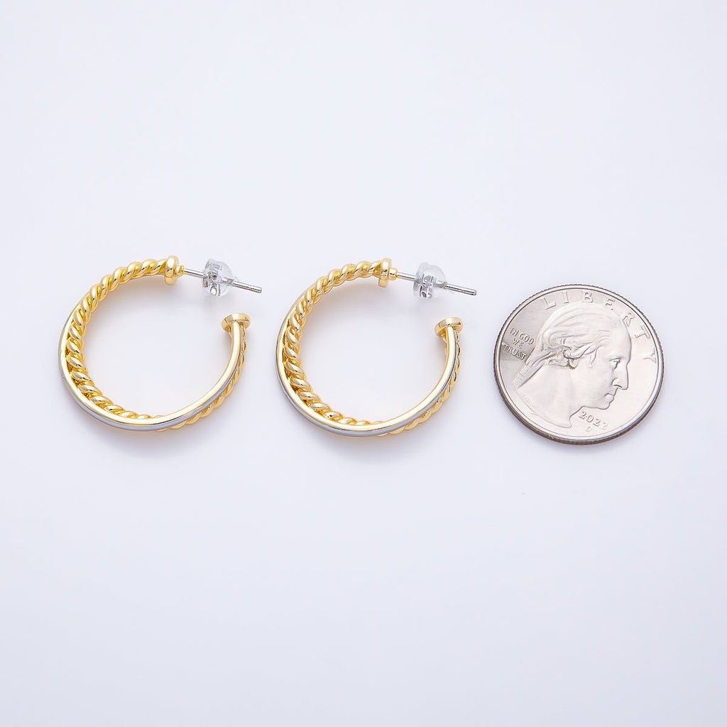 16K Gold Filled 25mm Mixed Metal Croissant Double C-Shaped Hoop in Silver & Gold | Earrings-00670