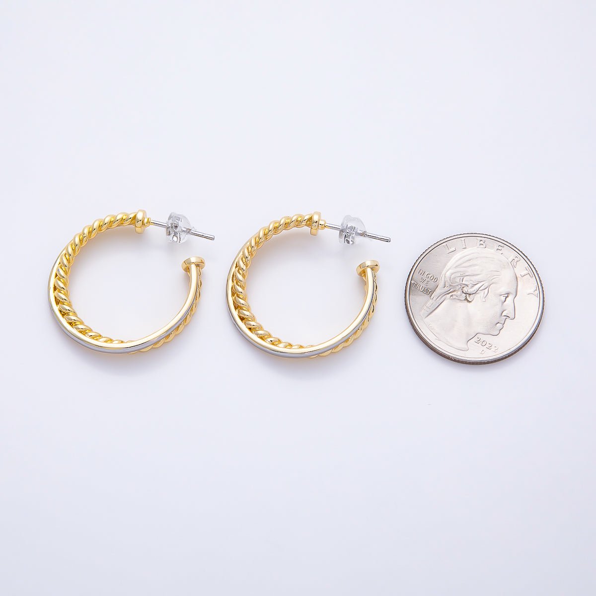 16K Gold Filled 25mm Mixed Metal Croissant Double C-Shaped Hoop in Silver & Gold | Earrings-00670