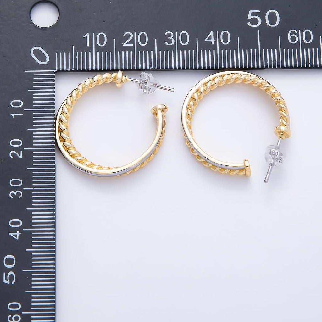 16K Gold Filled 25mm Mixed Metal Croissant Double C-Shaped Hoop in Silver & Gold | Earrings-00670
