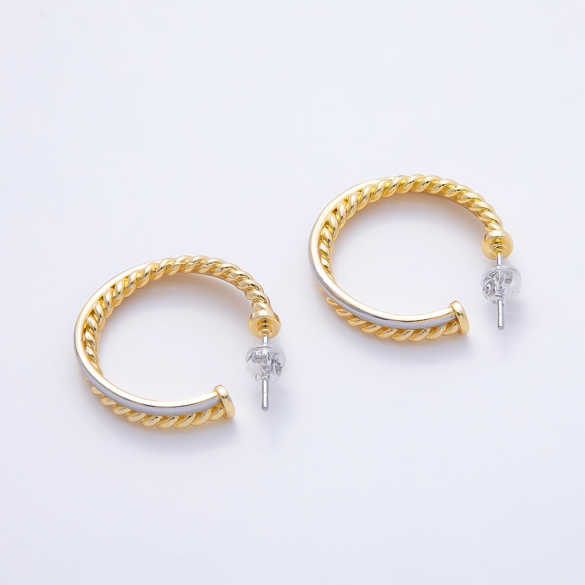 16K Gold Filled 25mm Mixed Metal Croissant Double C-Shaped Hoop in Silver & Gold | Earrings-00670