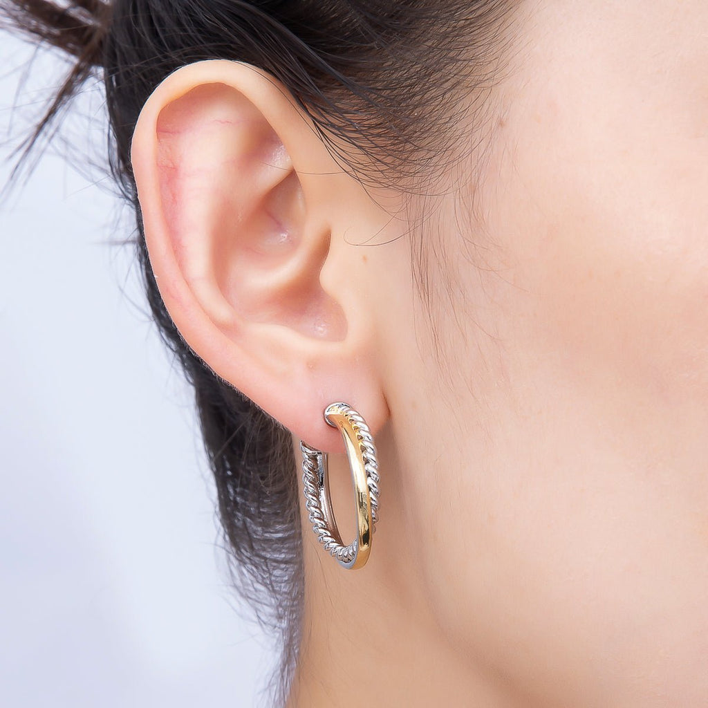 16K Gold Filled 25mm Mixed Metal Croissant Double C-Shaped Hoop in Silver & Gold | Earrings-00670