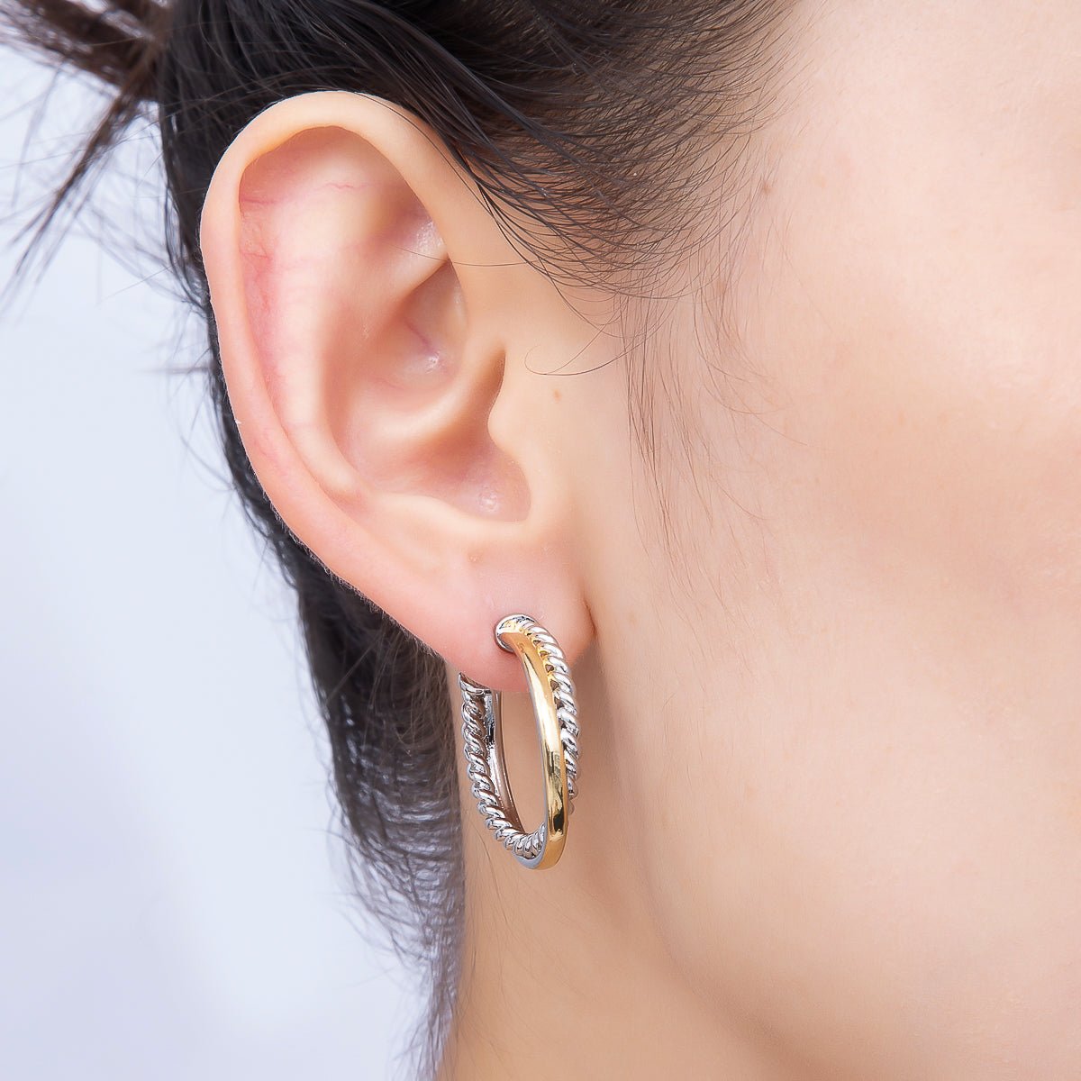 16K Gold Filled 25mm Mixed Metal Croissant Double C-Shaped Hoop in Silver & Gold | Earrings-00670