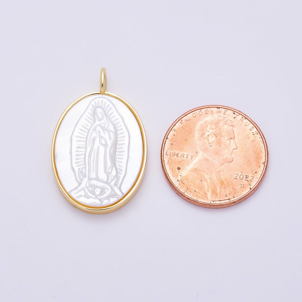 16K Gold Filled 26.5mm White Shell Pearl Lady Guadalupe Mary Oval Charm | Charms-01481