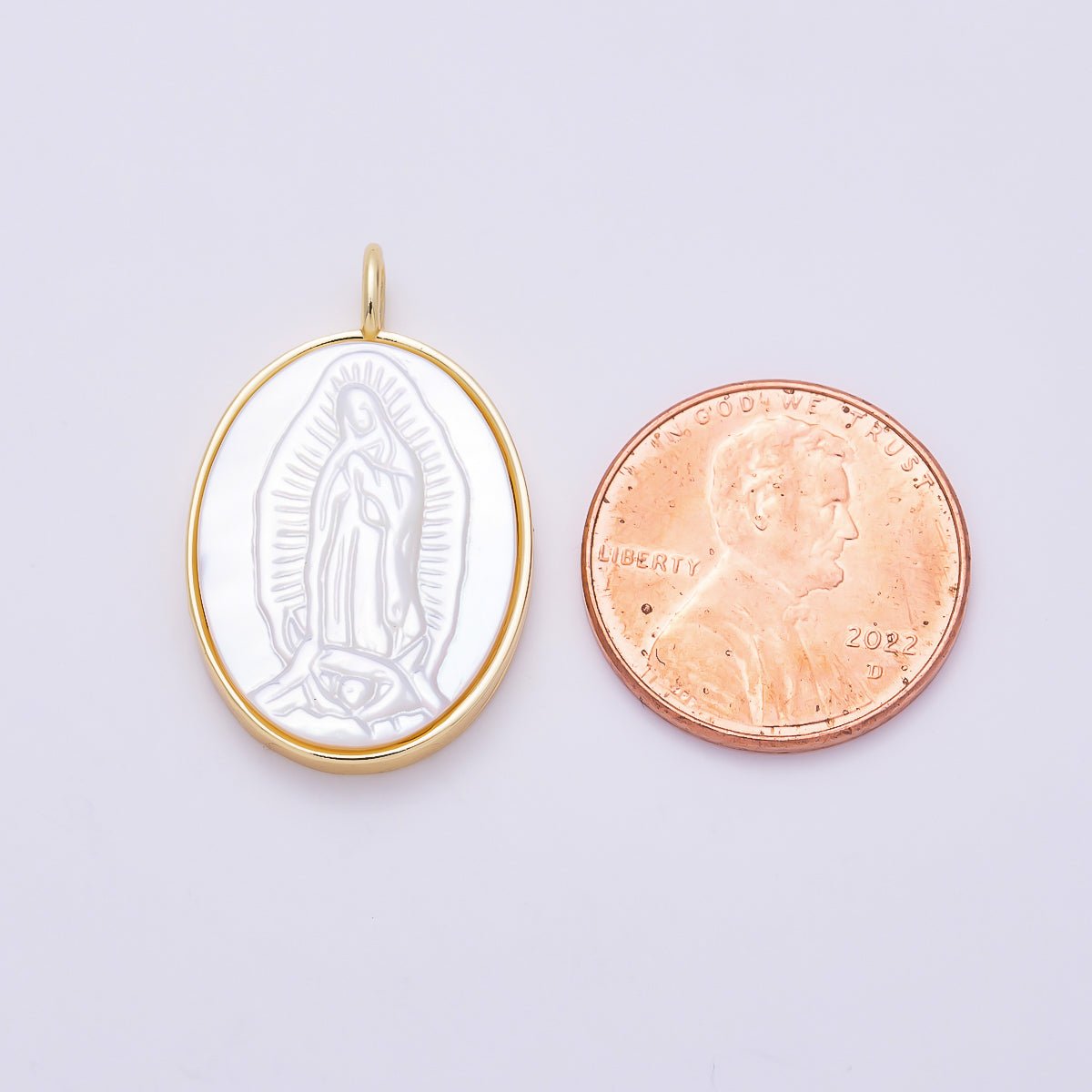 16K Gold Filled 26.5mm White Shell Pearl Lady Guadalupe Mary Oval Charm | Charms-01481