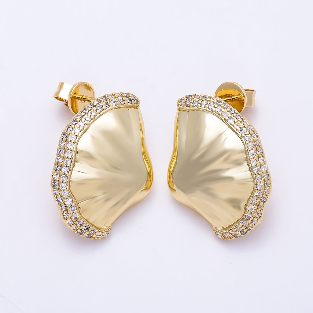 16K Gold Filled 26mm Clam Sea Shell Micro Paved CZ Stud Earrings in Gold & Silver | Findings-00486 Findings-00487